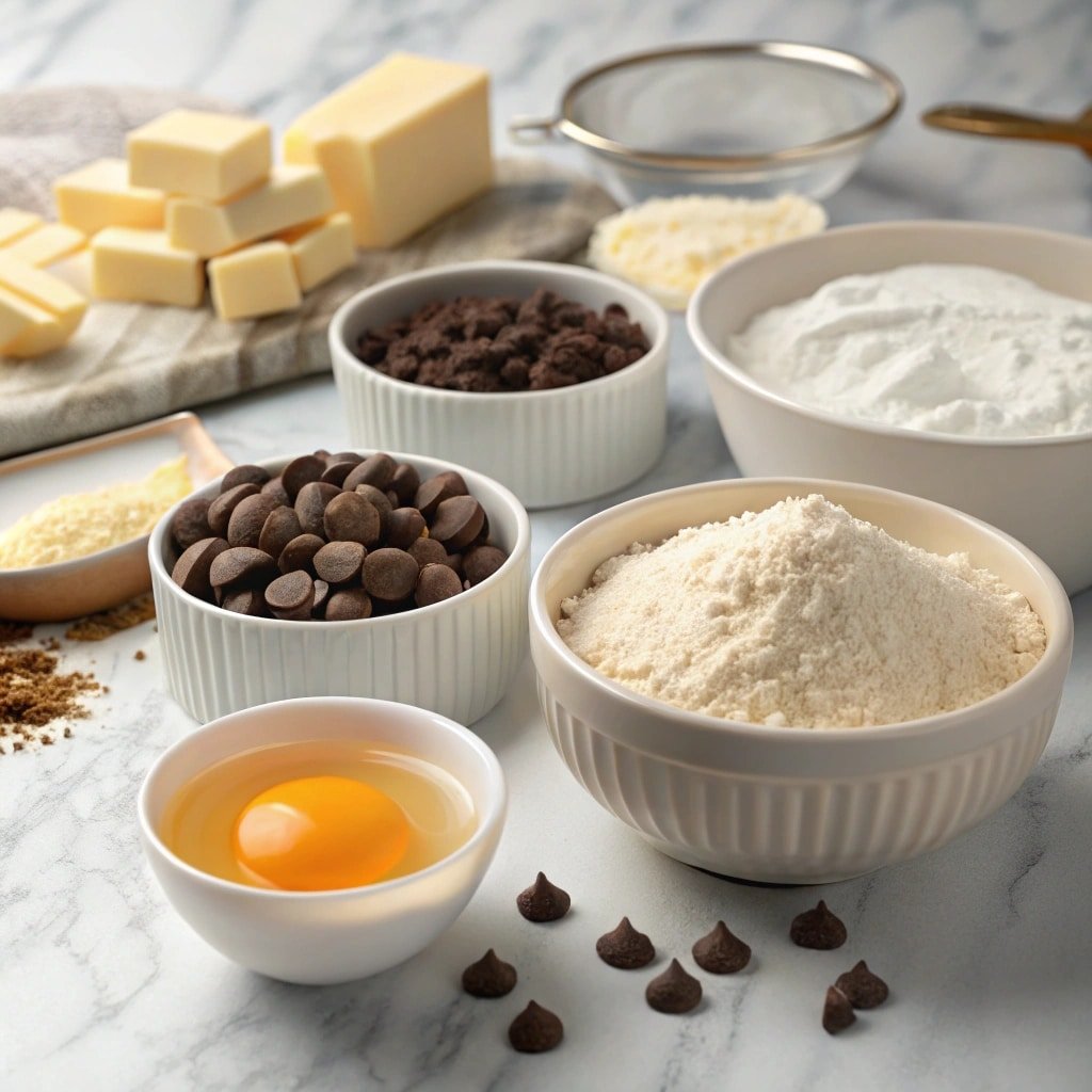 Chocolate Chip Mug Cake That’s Ready in Minutes 6 chocolate chip mug cake ingredients laid out on a counter