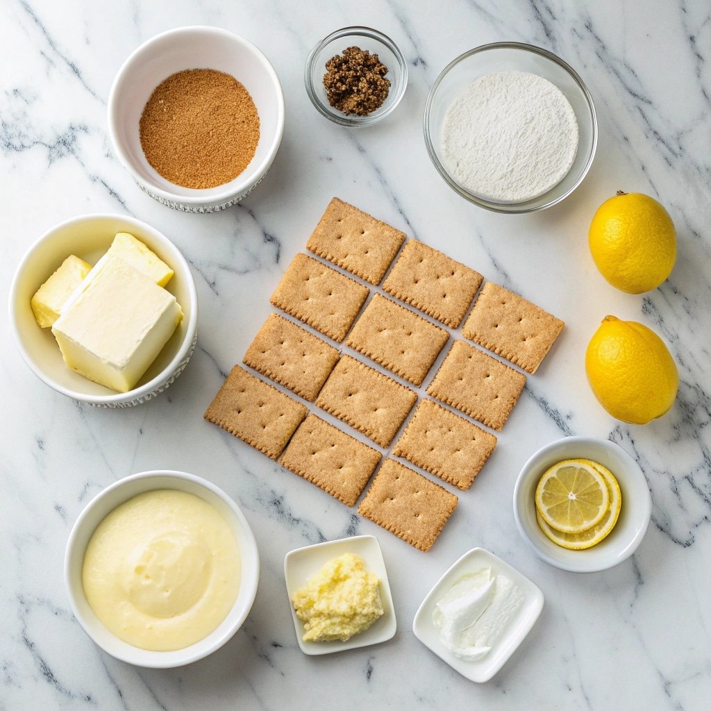 Lazy Day Lemon Cream Pie Bars – Easy No-Bake Dessert for Summer 6 lazy day lemon cream pie bars ingredients layout